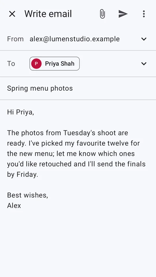 Writing a new email in the ViviMail Android app, with the From address, a recipient, a subject and the message