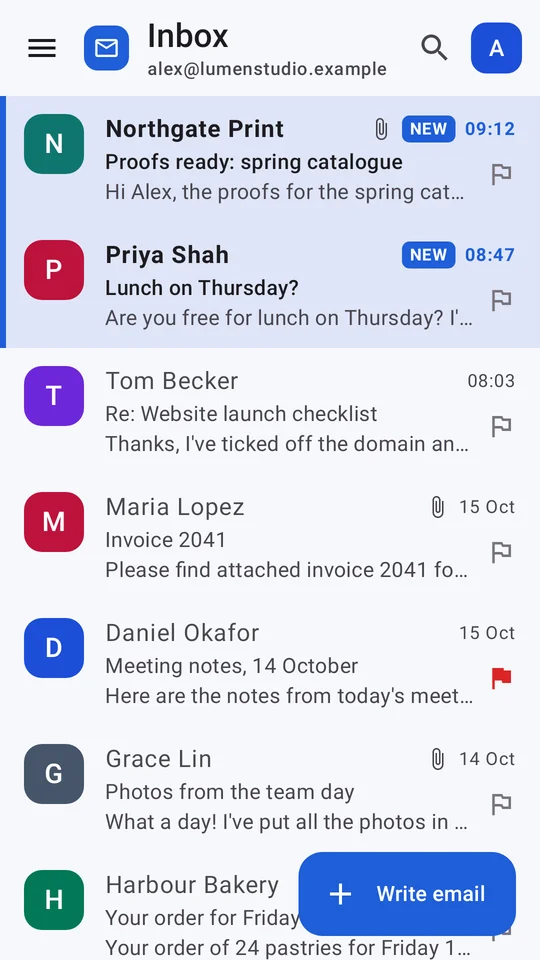 ViviMail Android inbox in light mode with unread messages, attachment indicators and a Write email button